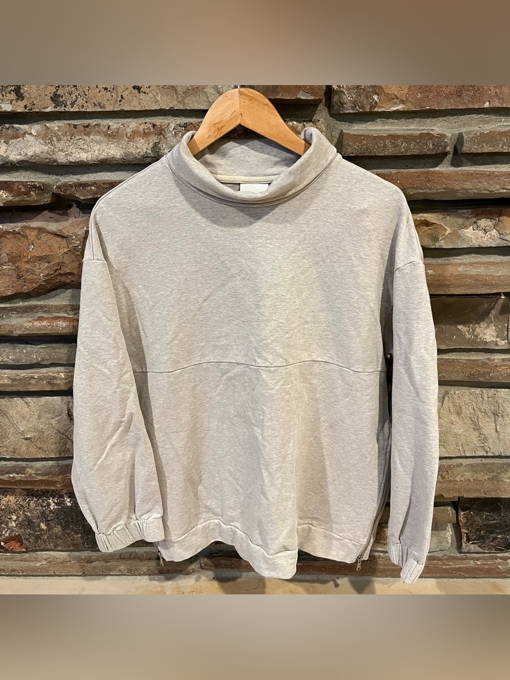 Varley Oatmeal Stretch Cotton Relaxed Funnel Neck Pullover Sweatshirt